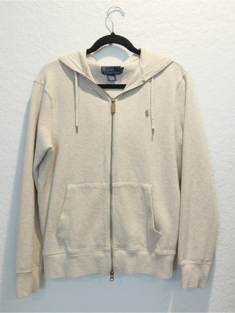 Polo Ralph Lauren Full Zip Hoodie Men’s M Beige Green Pony Cotton Soft Preppy